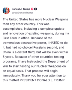 Trump Orders Division of Conflict to Restart Nuclear Weapons Testing